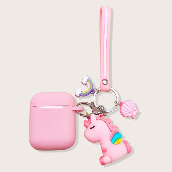 

1pc Solid AirPods Case With 1pc Unicorn Keychain, Pink