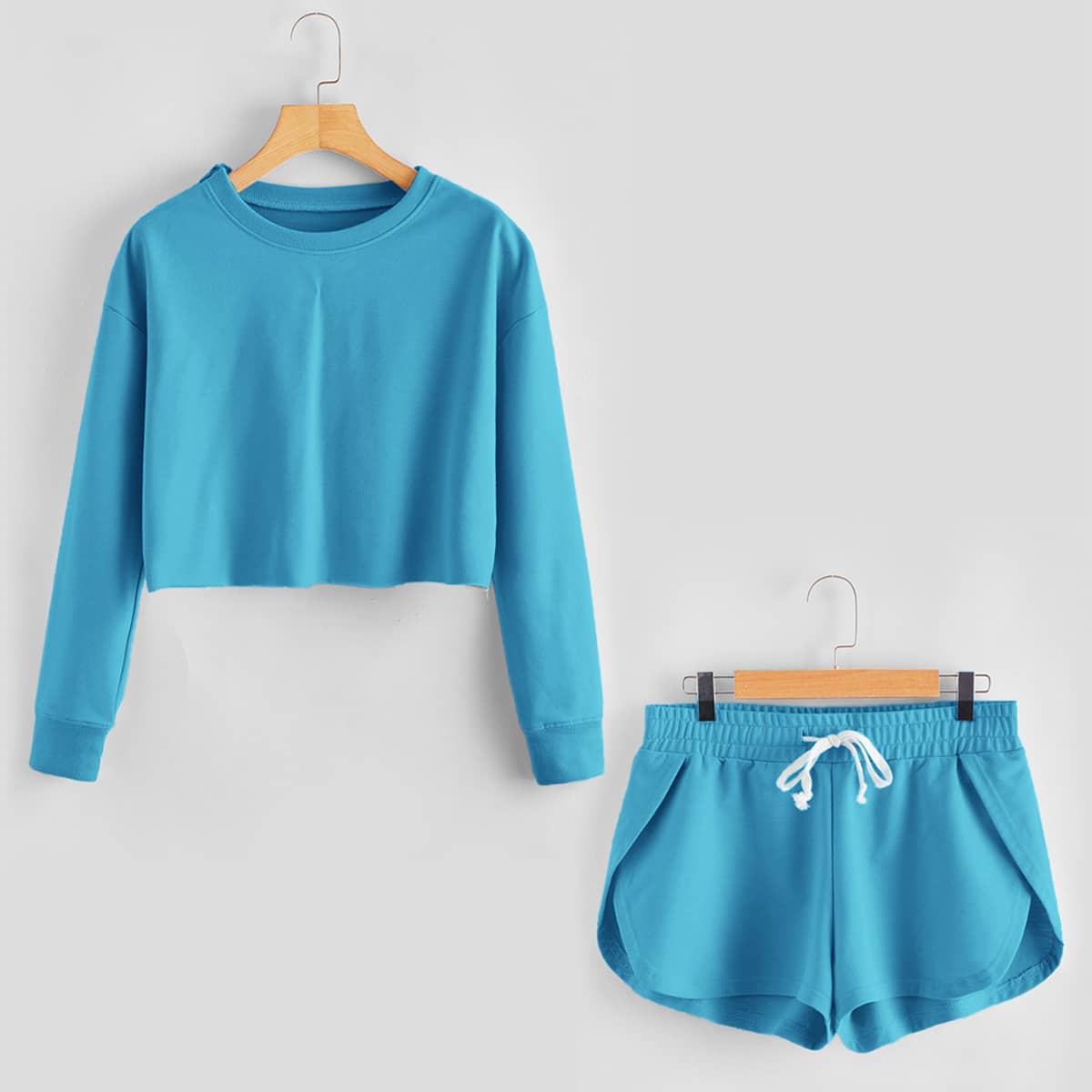 

Drop Shoulder Crop Sweatshirt With Track Shorts, Blue