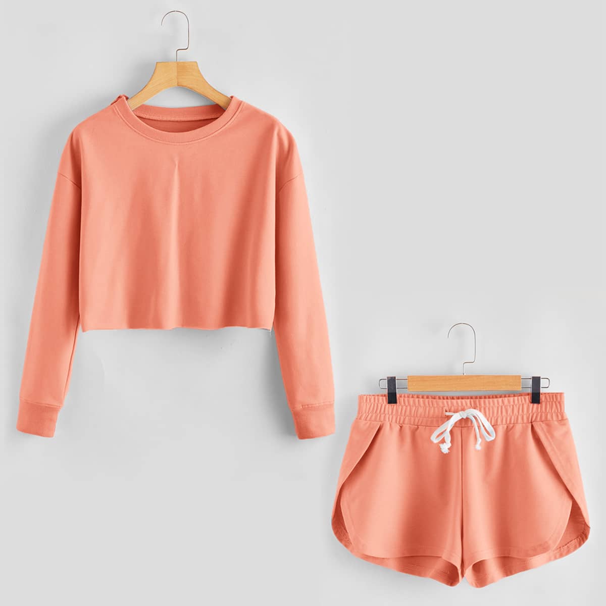 

Drop Shoulder Crop Sweatshirt With Track Shorts, Coral orange