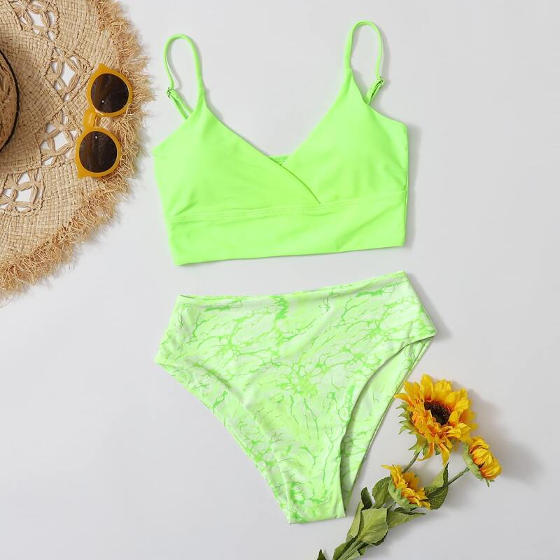 

Neon Green Marble Print High Waisted Bikini Swimsuit, Neon lime green