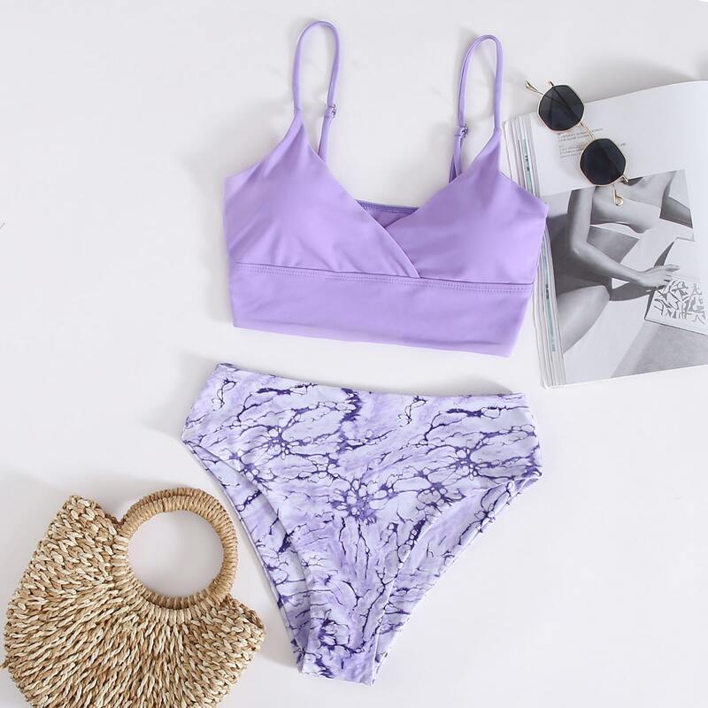 

Marble Print High Waisted Bikini Swimsuit, Pastel lilac purple