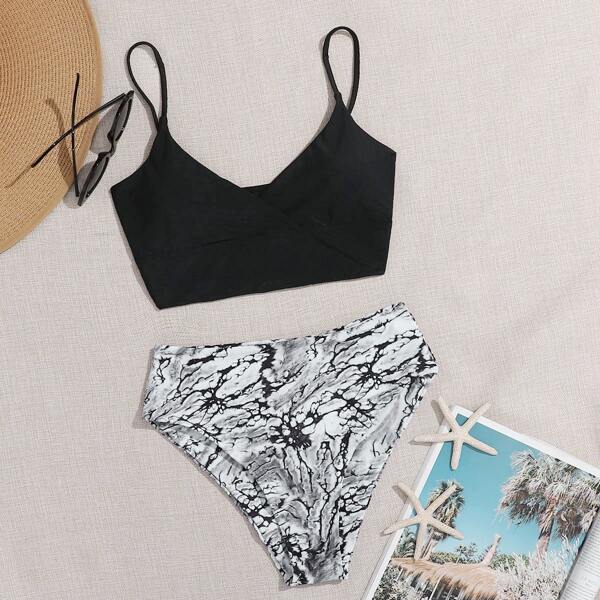 

Marble Print High Waisted Bikini Swimsuit, Black and white