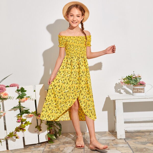 

Girls Off Shoulder Shirred Bodice Ditsy Floral Wrap Dress, Yellow