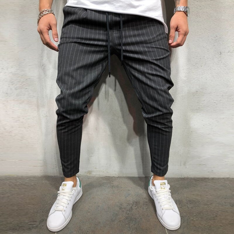 

Guys Drawstring Waist Striped Carrot Pants, Black