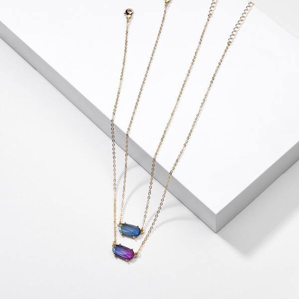

2pcs Gemstone Engraved Necklace, Multicolor