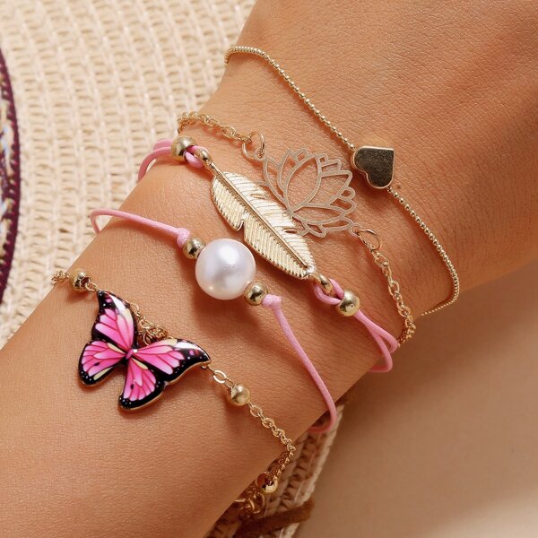 

5pcs Butterfly Charm Bracelet, Pink