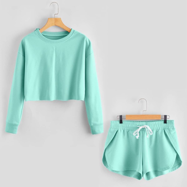 

Solid Sports Sweatshirt & Drawstring Waist Shorts, Mint green