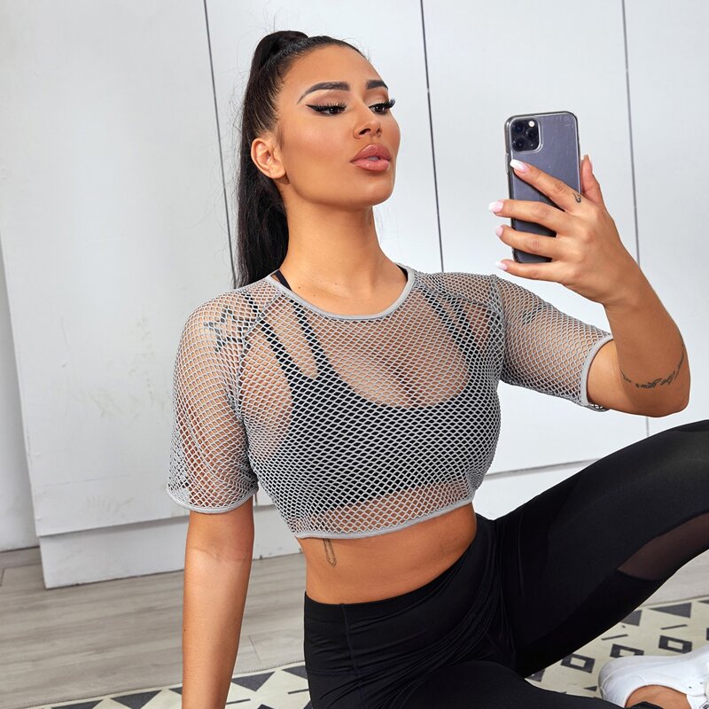 

Sheer Fishnet Sports Tank Top Without Bra, Light grey