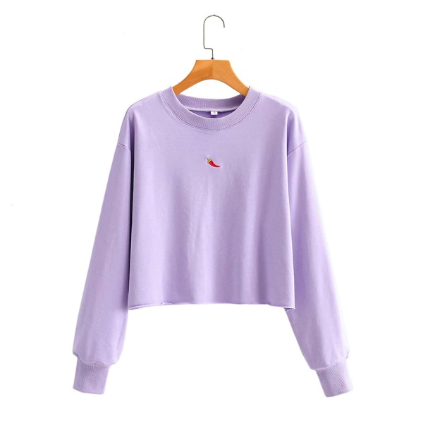 

Chili Embroidery Drop Shoulder Crop Sweatshirt, Lilac purple