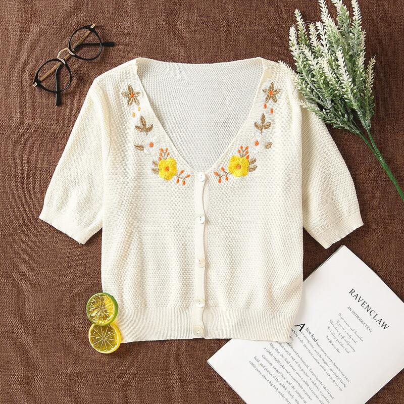 

Floral Embroidered Button Through Knit Top, Beige