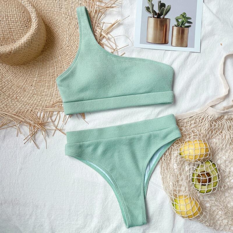 

Rib One Shoulder Bikini Swimsuit, Pastel mint green