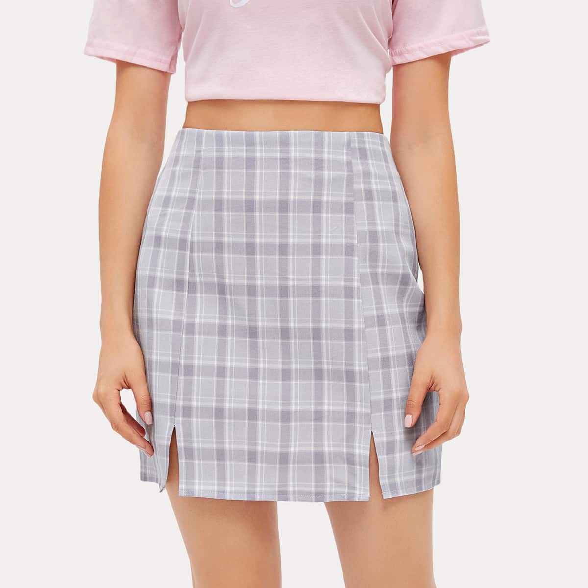 

Plaid Split Hem Skirt, Multicolor