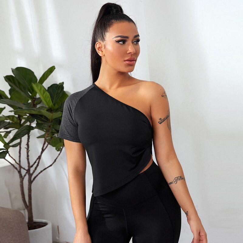 

One Shoulder Ruched Sports Tee, Black