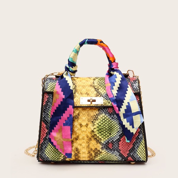 

Twilly Scarf Decor Snakeskin Satchel Bag, Yellow