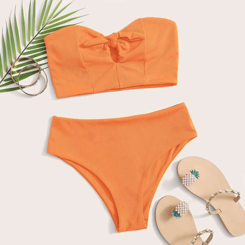 

Rib Knot Front Bandeau Bikini Swimsuit, Orange