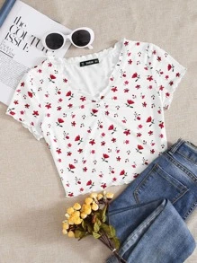 Soleia 生菜邊抽褶細節小碎花花卉短版上衣 - 白色 - 查看 1