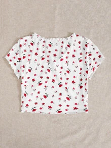 Soleia 生菜邊抽褶細節小碎花花卉短版上衣 - 白色 - 查看 2