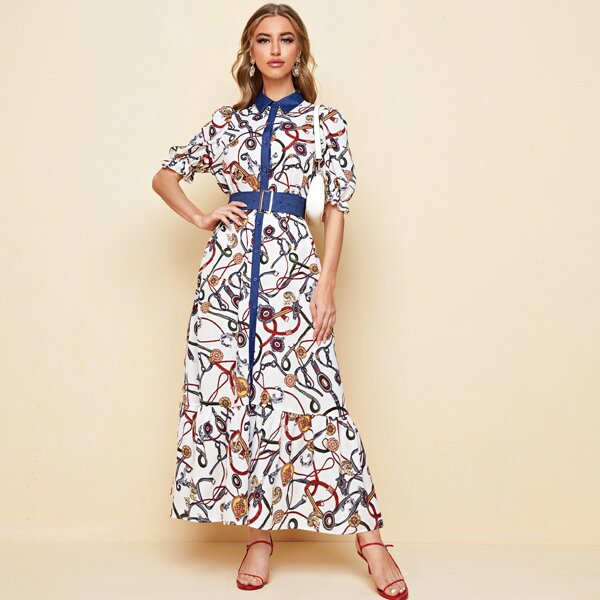 

Puff Sleeve Ruffle Hem Chain Print Belted Dress, Multicolor