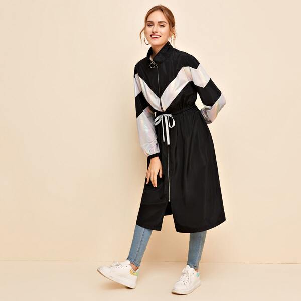 

O-ring Zipper Placket Drawstring Waist Colorblock Wind Jacket, Black