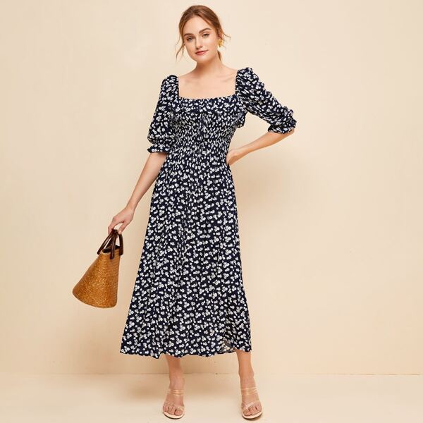 

Square Neck Flounce Sleeve Ditsy Floral Dress, Navy blue