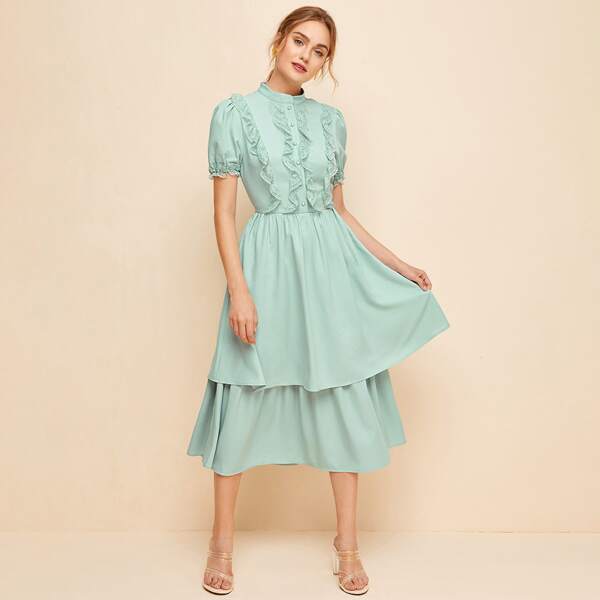 

Puff Sleeve Lace Trim Buttoned Layered Ruffle Dress, Pastel mint green