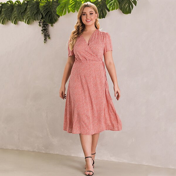 

Plus Wrap Tie Side Ditsy Floral Dress, Coral pink