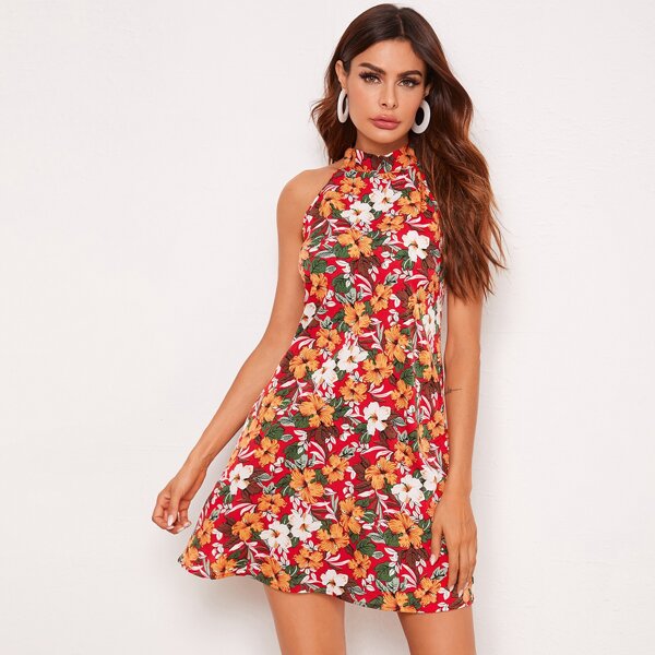 

Allover Floral Print Tie Back Halterneck Dress, Multicolor