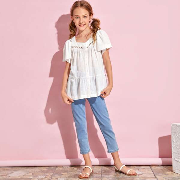 

Girls Butterfly Sleeve Lace Insert Peplum Blouse, White