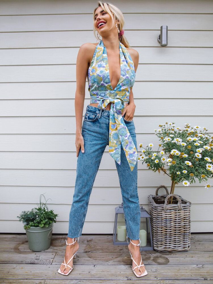 SHEIN Plunging Neck Tie Backless Floral 