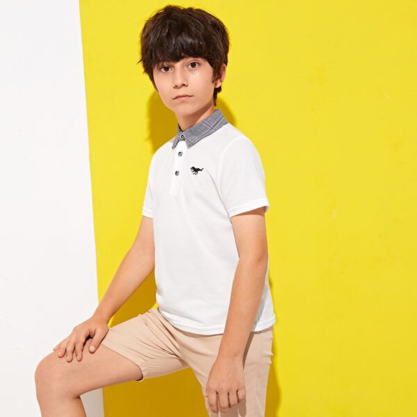 

Boys Contrast Plaid Collar Dinosaur Embroidered Polo Shirt, White
