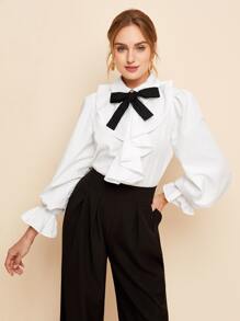 BizChic Top de manga con volante y detalle de chorrera con nudo en la parte delantera Ropa de trabajo - Blanco - Ver 3