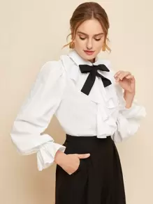 BizChic Top de manga con volante y detalle de chorrera con nudo en la parte delantera Ropa de trabajo - Blanco - Ver 1
