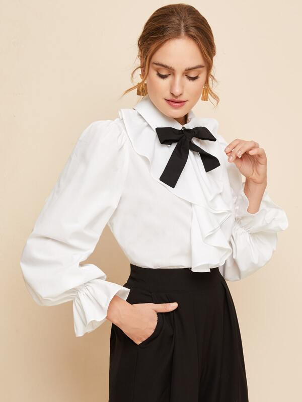 SHEIN BIZwear Cotton Knot Front Jabot Detail Flounce Sleeve Top