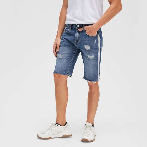 

Men Ripped Side Panel Denim Shorts, Medium wash
