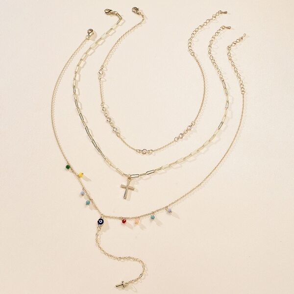 

3pcs Cross Bead Charm Necklace, Gold
