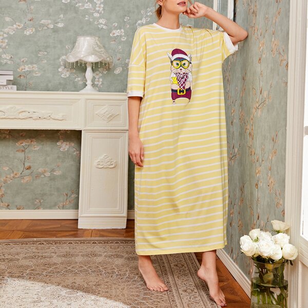 

Drop Shoulder Cartoon Graphic Striped Nightdress, Yellow