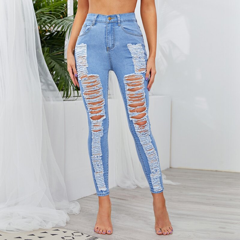 

Ripped Button Fly Skinny Jeans, Light wash