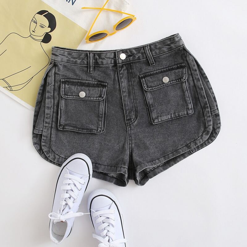 

Pocket Patched Button Fly Denim Shorts, Dark grey