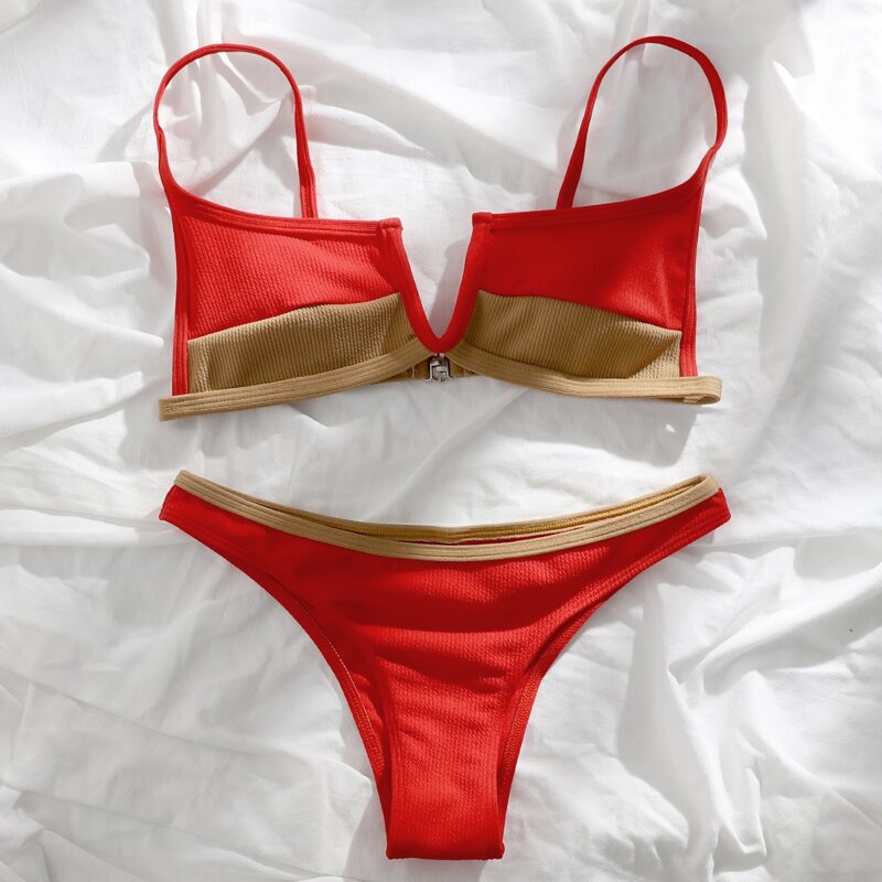 

Two Tone Rib V Wired Bikini Swimsuit, Red