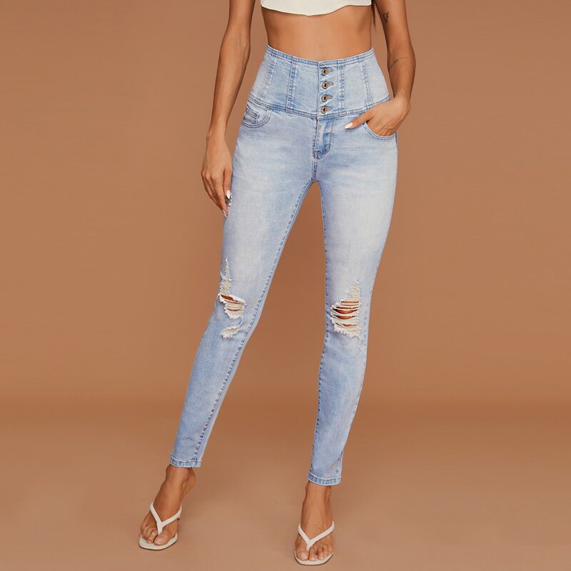 

Button Wide Waistband Ripped Skinny Jeans, Light wash