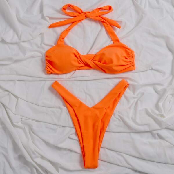 

Twist Halter High Leg Bikini Swimsuit, Orange bright
