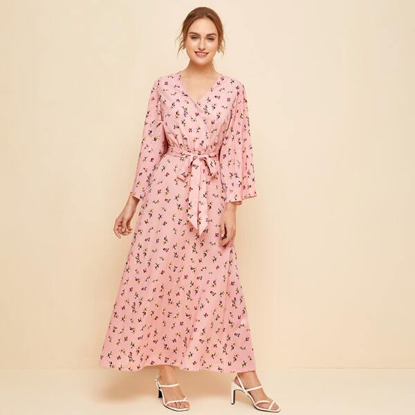 

Pleated Sleeve Self Belted Floral Print Dress, Baby pink