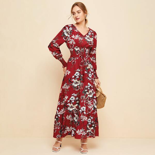 

Knot Shirred Waist Flounce Hem Floral Dress, Burgundy