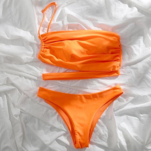 

Ruched Cut-out One Shoulder Bikini Swimsuit, Orange bright