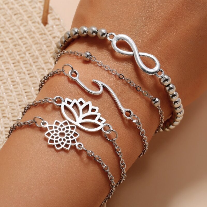 

5pcs Lotus Wave Decor Bracelet Set, Silver