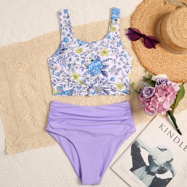 

Floral Knot Hem High Waisted Bikini Swimsuit, Multicolor