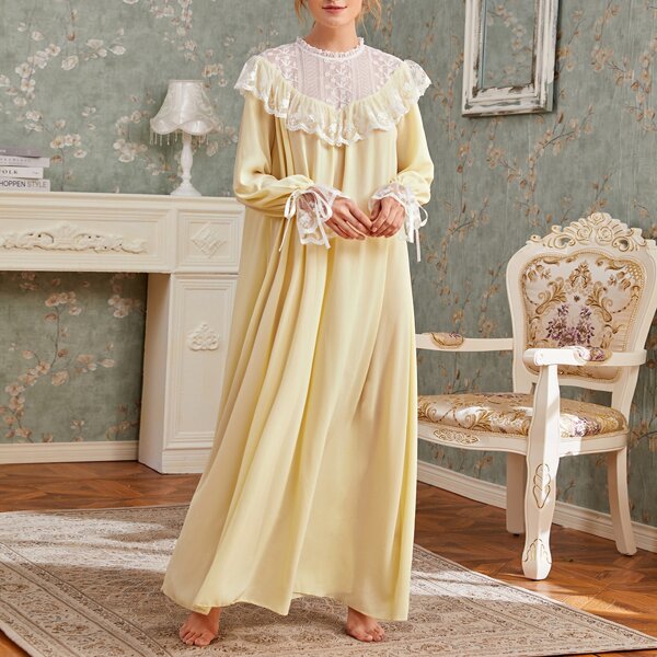 

Embroidered Mesh Trim Knot Cuff Nightdress, Yellow pastel