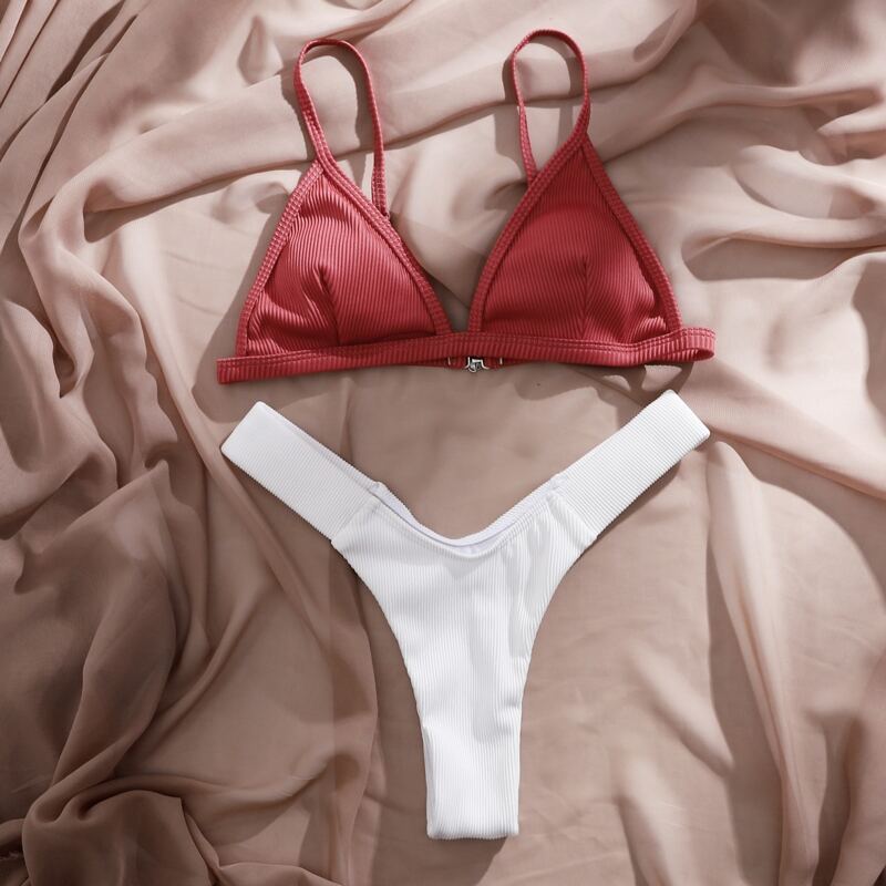 

Rib Triangle High Leg Bikini Swimsuit, Red and white
