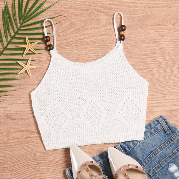 

Wooden Beads Detail Knit Top, White