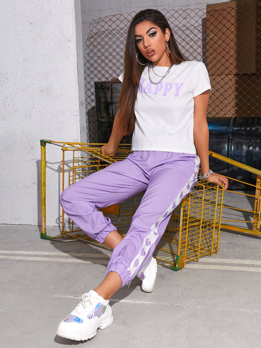 SHEIN Unity 字母圖案上衣和側接縫褲子套裝 - 彩色 - 查看 1